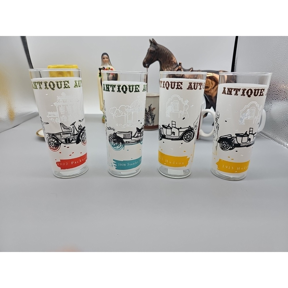 Set 4 Anchor Hocking "Antique Autos" Drinking Glass Tumblers 6.5" Tall Vintage